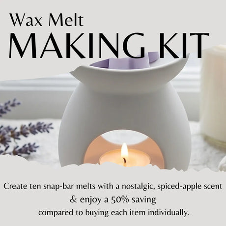Wax melt making kit with a ceramic warmer and candle, surrounded by lavender flowers.
