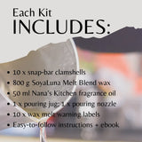 Product kit list with a blurred background of a person pouring liquid.