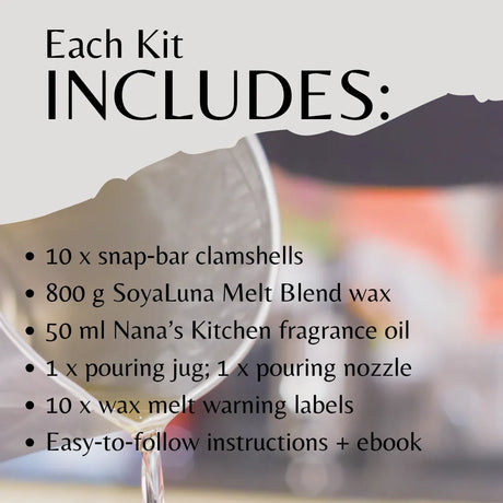 Product kit list with a blurred background of a person pouring liquid.