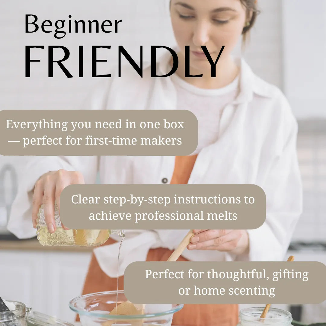 Person making something in a kitchen with text about beginner-friendly products.