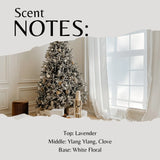 Decorative Christmas tree in a room with a window, featuring text about scent notes.