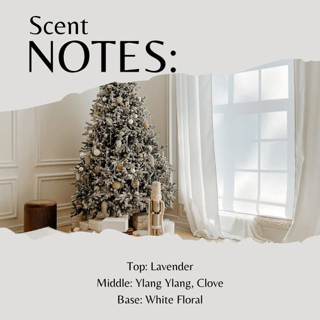 Decorative Christmas tree in a room with a window, featuring text about scent notes.