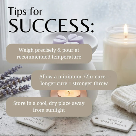 Candle-making tips with a candle and lavender on a textured surface