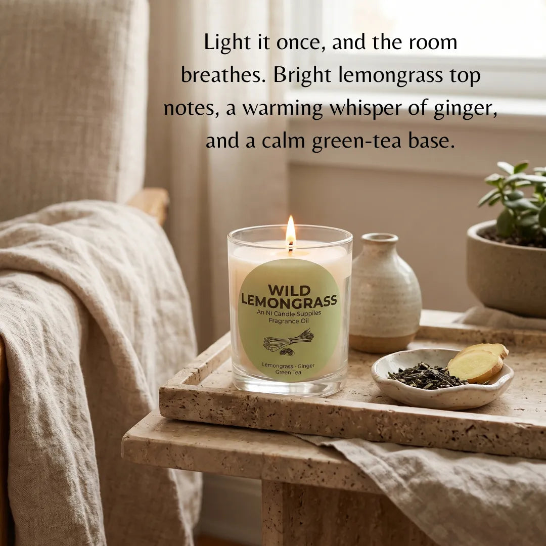 A lit candle in a clear glass jar sits on a stone tray beside a small dish of dried leaves and a lemon slice, with a linen chair and window in the background. The label reads “WILD LEMONGRASS” and “Masa Organic Lemongrass & Ginger Oil.