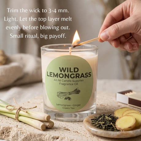 A lit candle in a clear glass jar labeled 'WILD LEMONGRASS' fragrance oil, with a hand holding a match above the flame. The scene includes lemongrass stems, dried leaves, ginger slices, and instructional text on the left.