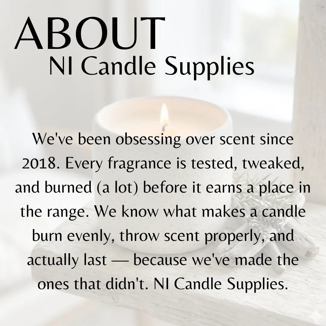 A text-heavy promotional graphic for NI Candle Supplies on a softly blurred background showing a lit white candle. The text reads: 'ABOUT NI Candle Supplies' and a paragraph describing the brand's focus on scent testing since 2018.
