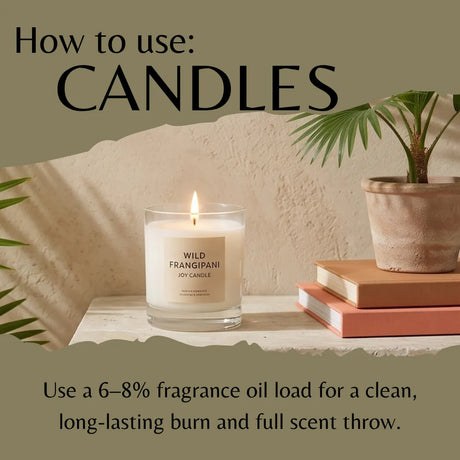 A lit glass jar candle labeled 'WILD FRANGIPANI JOY CANDLE' sits on a tabletop beside stacked books and a potted plant, with large text reading 'How to use: CANDLES' and smaller usage instructions below.