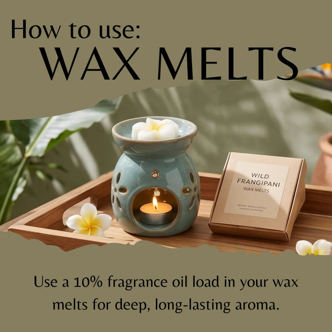A styled product graphic showing a teal ceramic wax warmer with a lit tea light candle, a kraft paper box labeled Wild Frangipani Wax Melts, and white flowers on a wooden tray. Large text at the top reads 'How to use: WAX MELTS' and additional text at the bottom explains using fragrance oil load in wax melts.