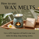 A styled product graphic showing a teal ceramic wax warmer with a lit tea light candle, a kraft paper box labeled Wild Frangipani Wax Melts, and white flowers on a wooden tray. Large text at the top reads 'How to use: WAX MELTS' and additional text at the bottom explains using fragrance oil load in wax melts.