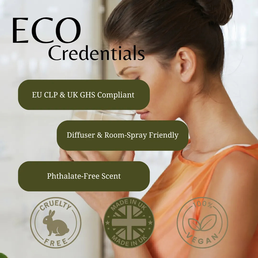 A promotional graphic with the text 'ECO Credentials' and feature callouts including 'EU CLP & UK GHS Compliant', 'Diffuser & Room-Spray Friendly', and 'Phthalate-Free Scent'. It also shows three certification-style icons for cruelty-free, made in UK, and vegan.