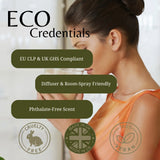 A promotional graphic with the text 'ECO Credentials' and feature callouts including 'EU CLP & UK GHS Compliant', 'Diffuser & Room-Spray Friendly', and 'Phthalate-Free Scent'. It also shows three certification-style icons for cruelty-free, made in UK, and vegan.