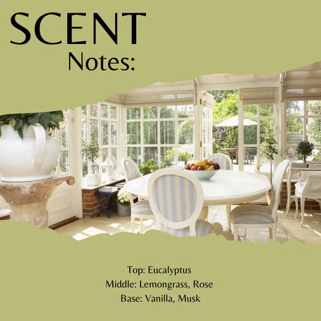 Scent Notes: fragrance profile graphic with a sunlit dining room scene in the center and olive-green text panels. The text lists fragrance notes: Eucalyptus, Lemongrass, Rose, and Vanilla, Musk.