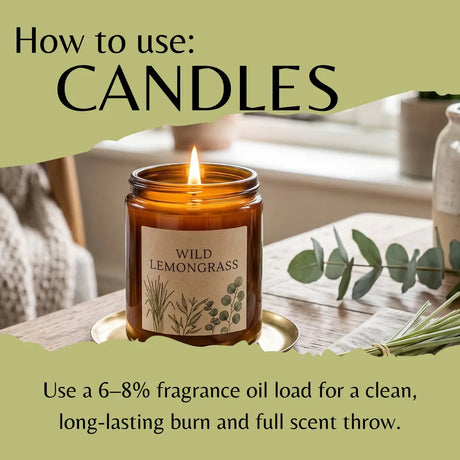 A lit amber glass jar candle labeled 'Wild Lemongrass' sits on a tabletop with a flame burning, surrounded by a styled interior scene. Large text at the top reads 'How to use: Candles,' and text at the bottom gives usage advice about fragrance oil load.