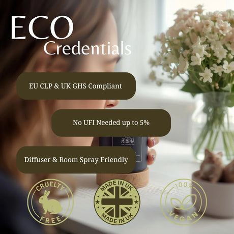 A woman holds a dark blue room diffuser and room spray bottle on a wooden surface, with a blurred background of white flowers in a glass vase. Large text reads 'ECO Credentials' with feature callouts: 'EU CLP & UK GHS Compliant', 'No UFI Needed up to 5%', and 'Diffuser & Room Spray Friendly'.