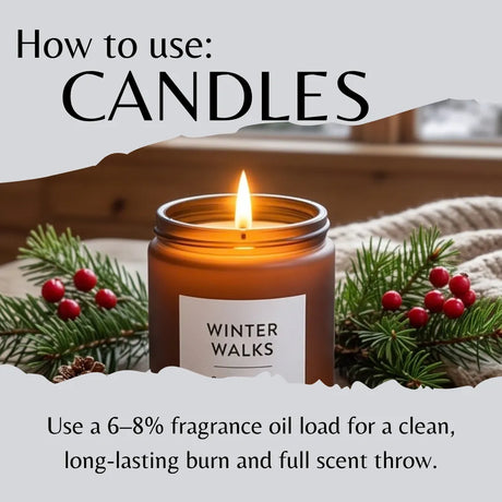A lit amber glass candle jar labeled 'WINTER Walks' surrounded by pine branches and red berries, with overlaid text reading 'How to use: Candles' and usage instructions for fragrance oil load.