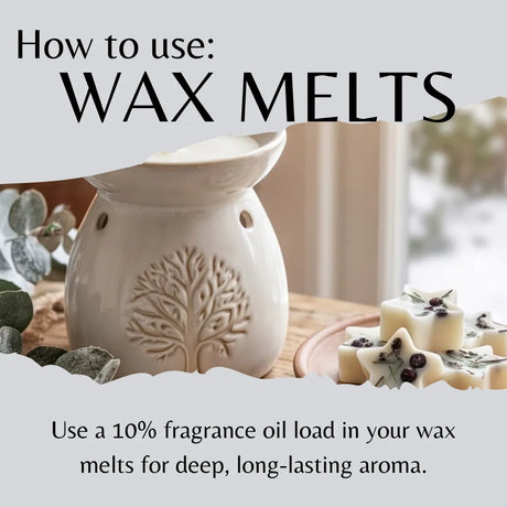 A ceramic wax warmer with an embossed tree design sits on a table beside decorative leaves and small star-shaped wax melts. Large text at the top reads 'How to use: WAX MELTS,' and smaller text at the bottom says to use a 10% fragrance oil load for deep, long-lasting aroma.