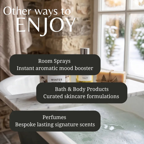 Promotional graphic with text reading 'Other ways to ENJOY' over a bathroom scene showing a bathtub, window, stone wall, and several product bottles and a bar of soap. Callout boxes mention room sprays, bath & body products, and perfumes.