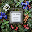 A clear plastic clamshell package of Candle Supply's Winter Walks Wax Melt Samples is centered on a festive, flat-lay background of pine needles, blue flowers, cinnamon sticks, star anise, and red berries.