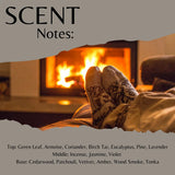 Scent Notes: album cover art featuring a pair of feet relaxing by the fire, with text listing fragrance notes including green leaf, armoise, coriander, birch tar, eucalyptus, pine, lavender, incense, jasmine, voilet, cedarwood, patchouli, vetiver, amber, wood smoke and tonka.