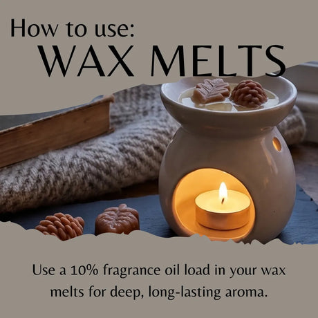 Instructional graphic titled 'How to use: WAX MELTS' showing a lit wax melt burner with leaf shaped wax melts, and text stsasting the oil can be used up to 10% in melts.