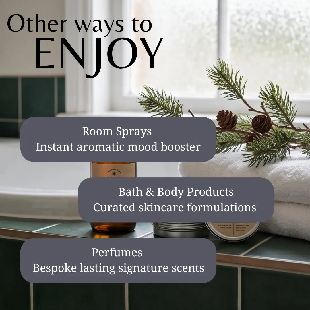 A winter bathroom scene explaining that the fragrance oil can be used in room sprays, bath and body products and perfumes.