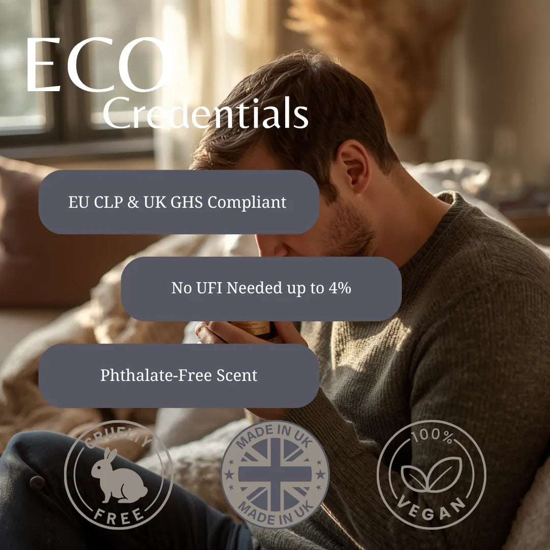 A man sits on a sofa sniffing an unlit candle with text reading 'ECO Credentials' and feature callouts about EU CLP & UK GHS compliance, low fragrance strength, and diffuser/room spray friendliness. Circular badges at the bottom mention cruelty free, made in UK, and vegan.