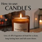 Instructional graphic titled 'How to use: CANDLES' showing a lit amber glass candle labeled 'Winter's Night' with text explaining fragrance oil load and burn time.