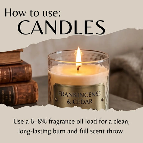 Instructional graphic titled 'How to use: CANDLES' showing a lit Frankincense & Cedar candle in a glass jar, with stacked books and soft background decor. Text explains using 6-8% fragrance oil load for clean long-lasting burn.