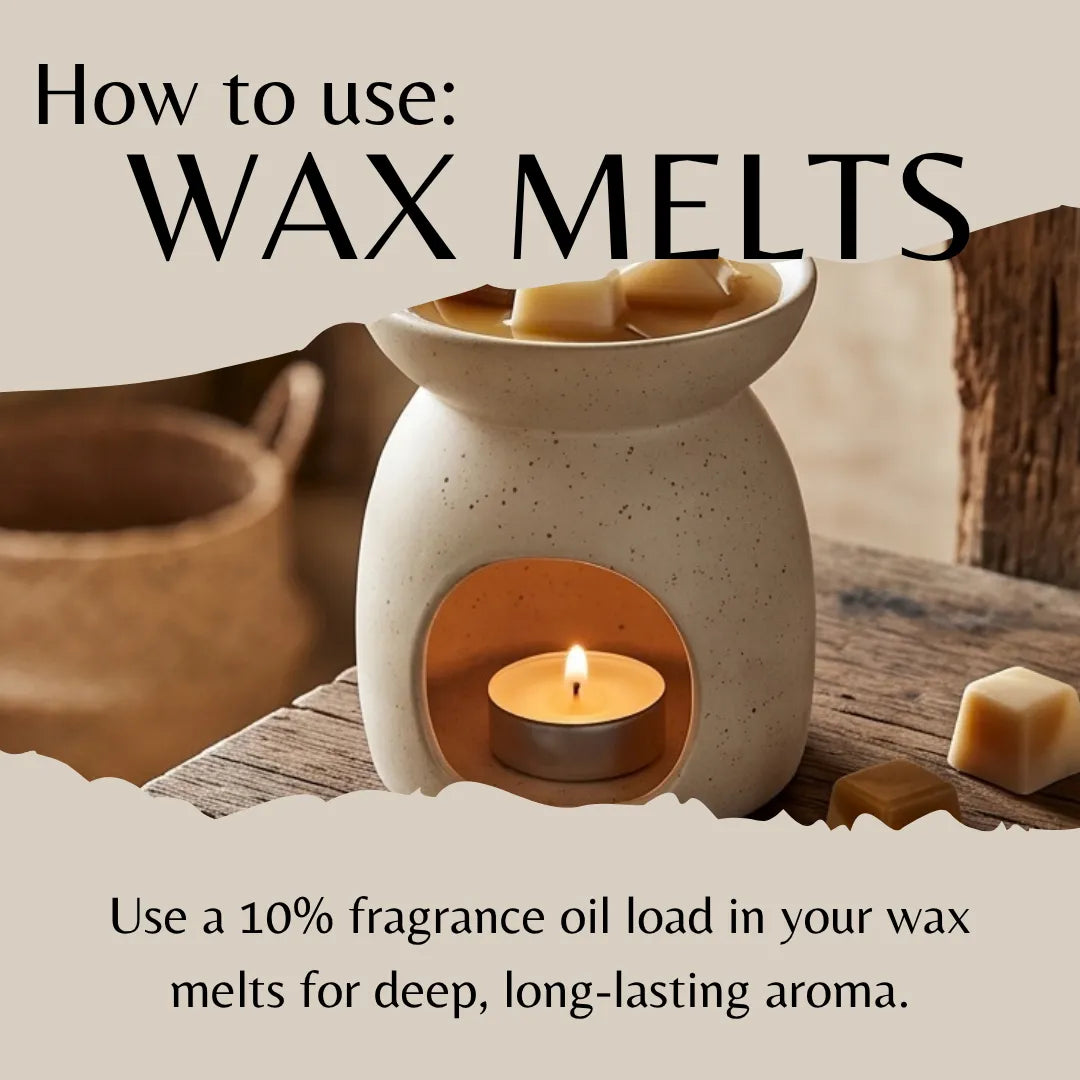 A ceramic wax warmer with a lit tealight candle inside, shown on a rustic wooden surface with text reading 'How to use: WAX MELTS' and usage instructions below.