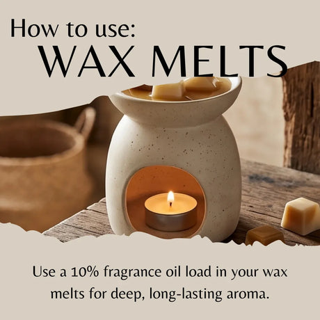 A ceramic wax warmer with a lit tealight candle inside, shown on a rustic wooden surface with text reading 'How to use: WAX MELTS' and usage instructions below.