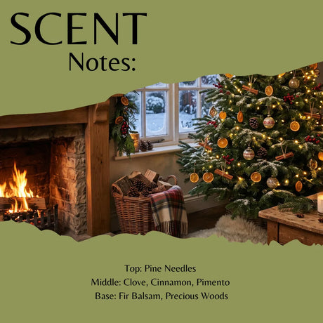 Scent Notes graphic with a collage of cozy holiday imagery: a burning fireplace, a snow-covered window, and a decorated Christmas tree. Text at the top reads 'SCENT Notes:' and text at the bottom lists fragrance notes: 'Top: Pine Needles', 'Middle: Clove, Cinnamon, Pimento', 'Base: Fir Balsam, Precious Woods'.