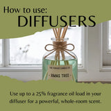A reed diffuser bottle labeled 'THE FORAGE CANDLE CO. - XMAS TREE -' with wooden reeds and a twine bow, shown in front of a window.