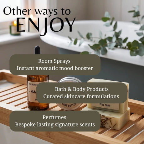 Promotional graphic with the text 'Other ways to ENJOY' over a bath setting, showing a wooden bath tray with a brown bottle, a jar of body butter, and bars of soap, plus three dark olive text boxes listing Room Sprays, Bath & Body Products, and Perfumes.