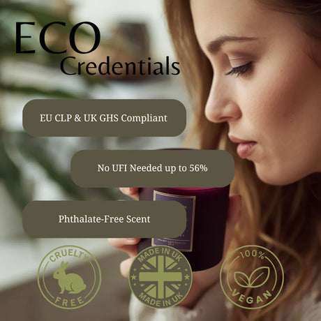 A woman in profile holds a dark purple candle while promotional text overlays read 'ECO Credentials' with claims like 'EU CLP & UK GHS Compliant', 'No UFI Needed up to 56%', and 'Phthalate-Free Scent'. Four green certification-style badges appear at the bottom: Cruelty Free, Made in UK, Vegan, and 100% Vegan.