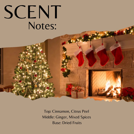 Scent Notes graphic featuring a holiday scene with a lit Christmas tree, stockings, and a burning fireplace on a beige background with scent profile text.
