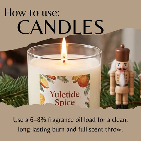 A lit candle in a clear glass jar labeled 'Yuletide Spice' with text reading 'How to use: CANDLES' and usage instructions below, styled with pine branches and a small nutcracker figurine.