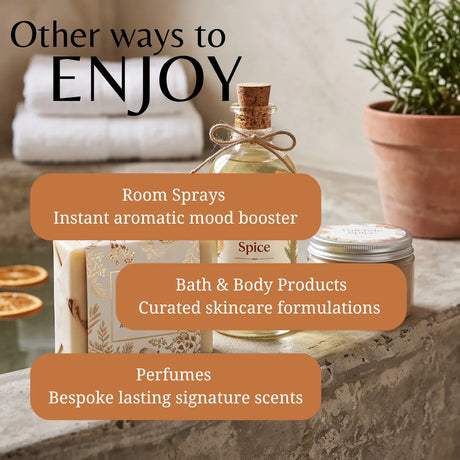 Promotional graphic for fragrance and wellness products with text overlays reading 'Other ways to ENJOY' and callouts for room sprays, bath & body products, and perfumes. A glass bottle labeled 'Spice' with a cork stopper, a candle, a small jar, and a potted plant sit on a stone surface.