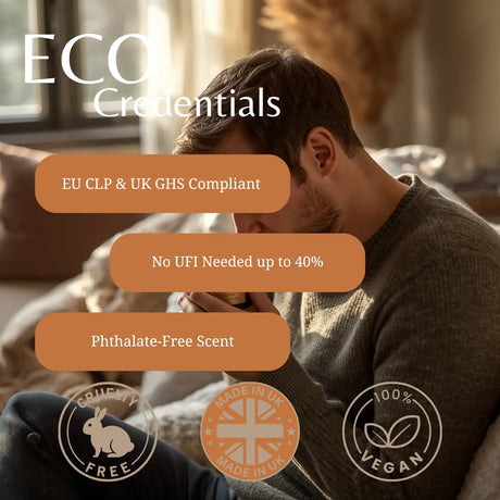 A lifestyle promotional graphic with a man sitting indoors, overlaid with the text 'ECO Credentials' and several orange callout bubbles stating EU CLP & UK GHS compliant, no UFI needed up to 40%, phthalate-free scent, cruelty free, made in UK, and 100% vegan. Three circular certification-style icons appear along the bottom.