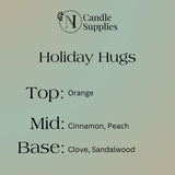 Product label for 'Holiday Hugs' candle with fragrance description on a light green background.